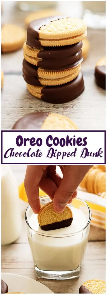 Chocolate dipped Oreos being dunked in milk.