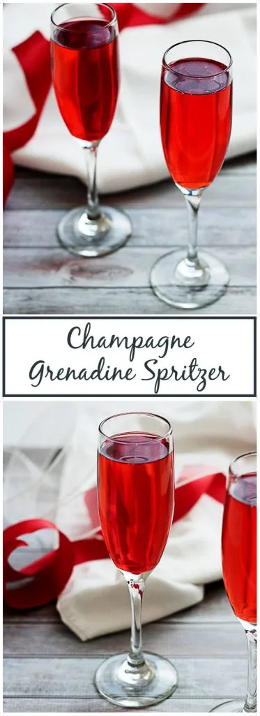 Champagne grenadine spritzer in tall glasses.