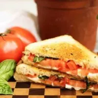 A grilled cheese margarita sandwich with perfectly toasted sourdough and all the flavors of the famous pizza including basil, mozzarella, and tomatoes.