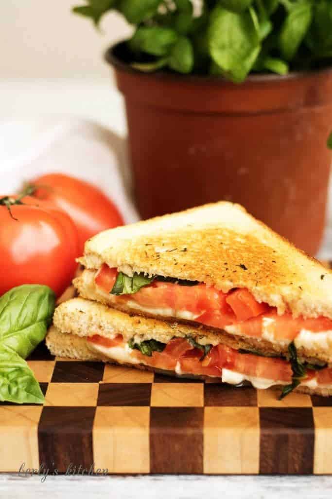 A grilled cheese margarita sandwich with perfectly toasted sourdough and all the flavors of the famous pizza including basil, mozzarella, and tomatoes.