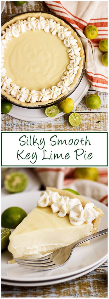 Slice of key lime pie on a white plate.