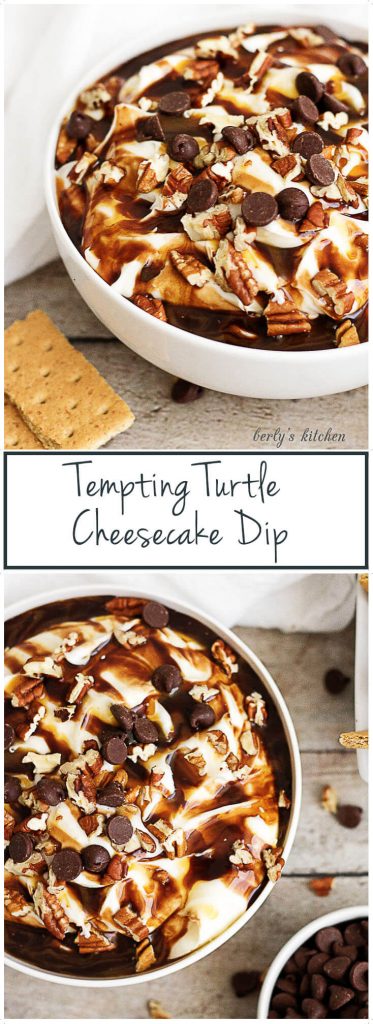 Bowl of cheesecake dip with chocolate and caramel drizzle.