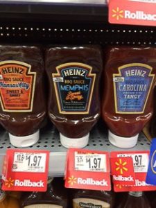 Heinz Memphis BBQ sauce on a shelf.