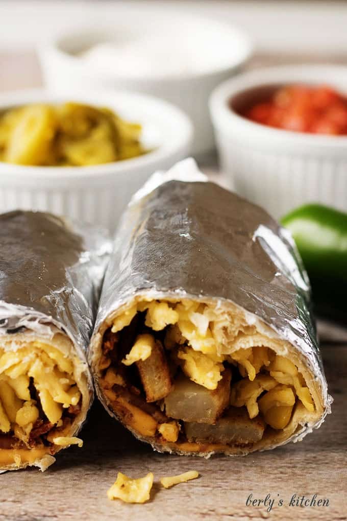 Another close up view of the inside of the breakfast burritos.