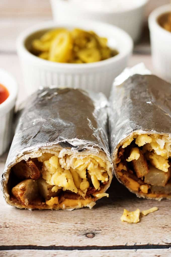 An inside view of the finished burritos showing the filling.