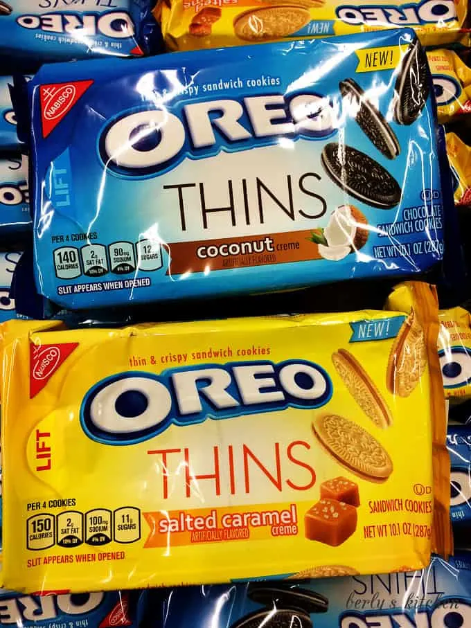 Package of coconut OREOs and package of salted caramel OREOs.
