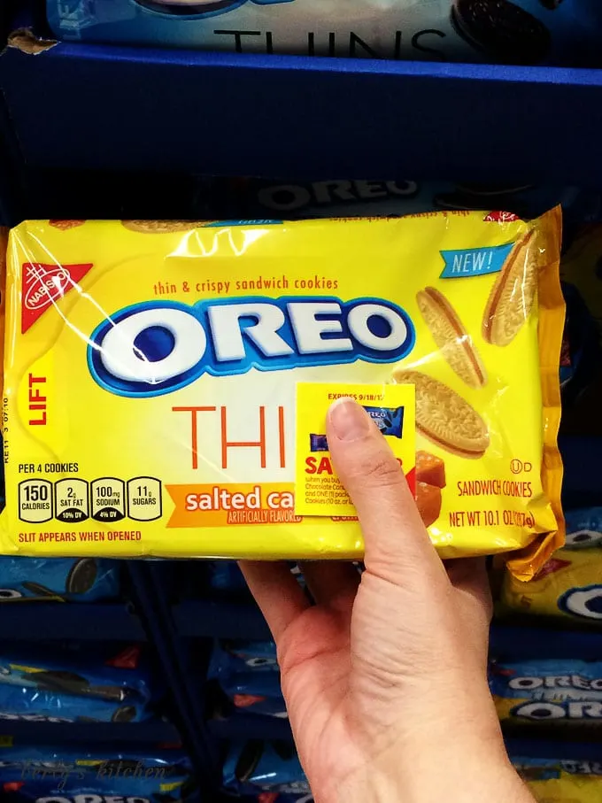 Yellow package of thin salted caramel OREOs.