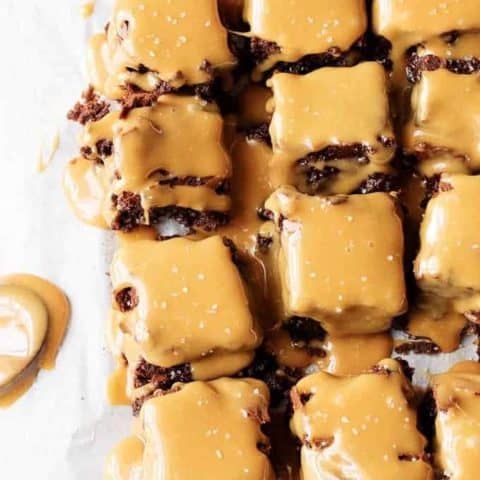 Stovetop brownies with salted caramel sauce are a great way to cure a nagging sweet tooth. Thick fudgy brownies topped with buttery, rich caramel sauce make the perfect dessert indulgence.