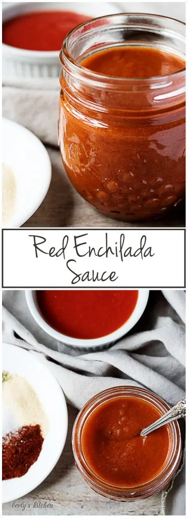 Jar of enchilada sauce with a spoon.