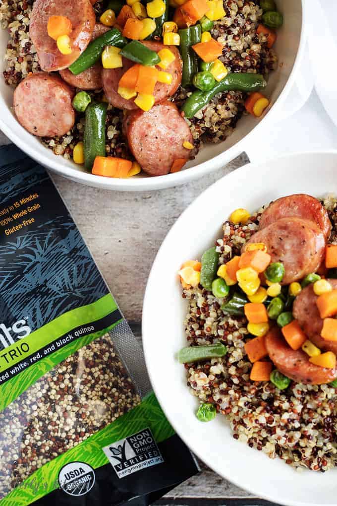 Top down view of sausage veggies and quinoa.