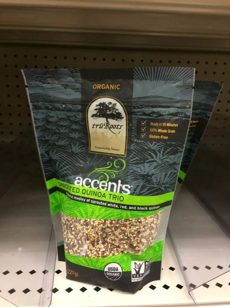 Package of tru Roots quinoa on a shelf in the grocery store.
