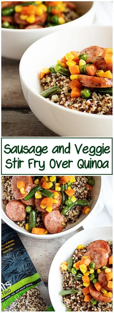 Quinoa, sausage, and veggies in a bowl.