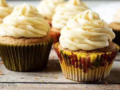 Spiced cupcakes with maple buttercream are a wonderfully sweet dessert filled with the warm flavors of fall. Cinnamon, nutmeg, and ginger mix perfectly with the subtle flavor of maple.