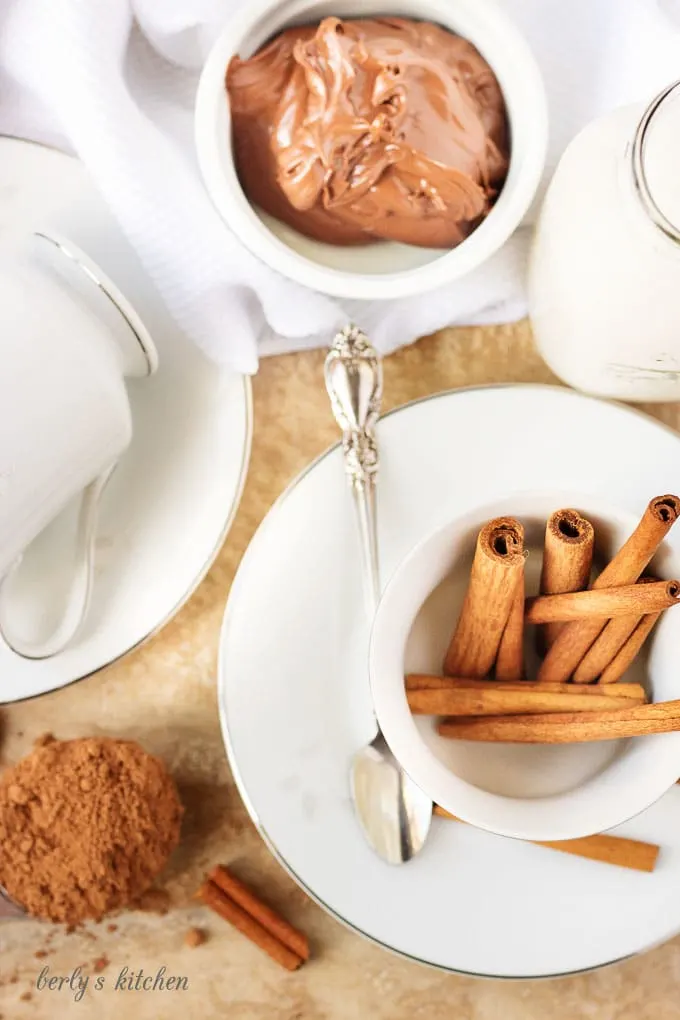 Ariel view of hazelnut spread, cocoa, and cinnamon sticks used in hot cocoa.