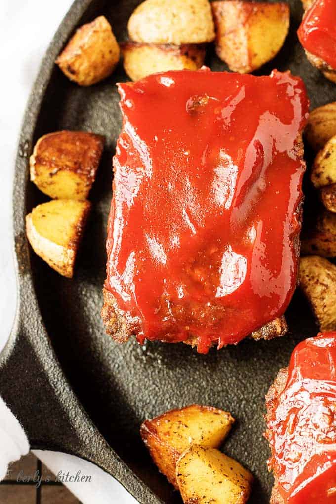 Individual mini meatloaves of savory hamburger meat, seasonings, and zesty ketchup. They're easy to prepare and perfectly pre-portioned.