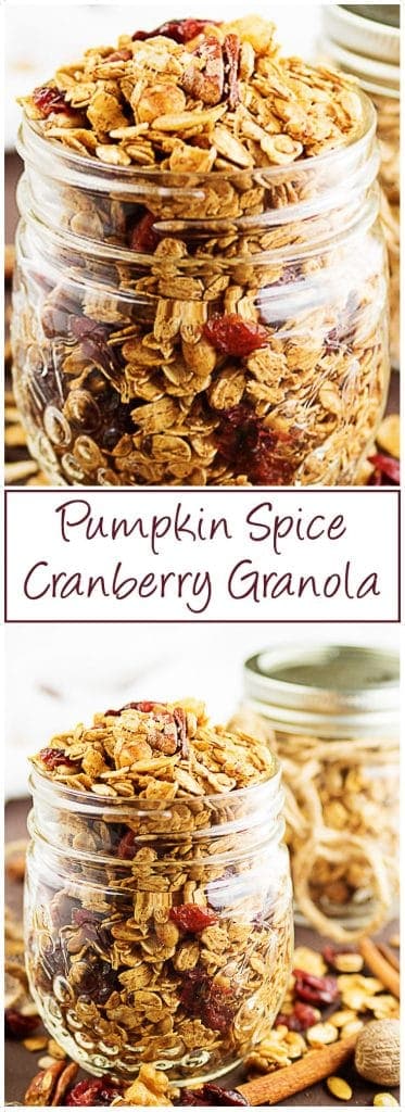 A delectable cranberry granola loaded with oats, nuts, and pumpkin spice seasonings. Lightly toasted in the oven to bring out all the delicious flavors. #granola #pumpkinspice #cranberries #fallrecipe #snack