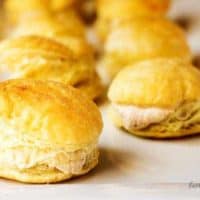 Rows of cream puffs stuffed with pumpkin spiced cream cheese on a white plate.