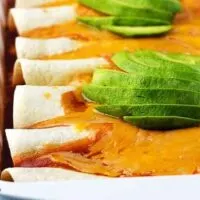 The cooked chorizo enchiladas covered in cheddar cheese, sauce, and sliced avocado.