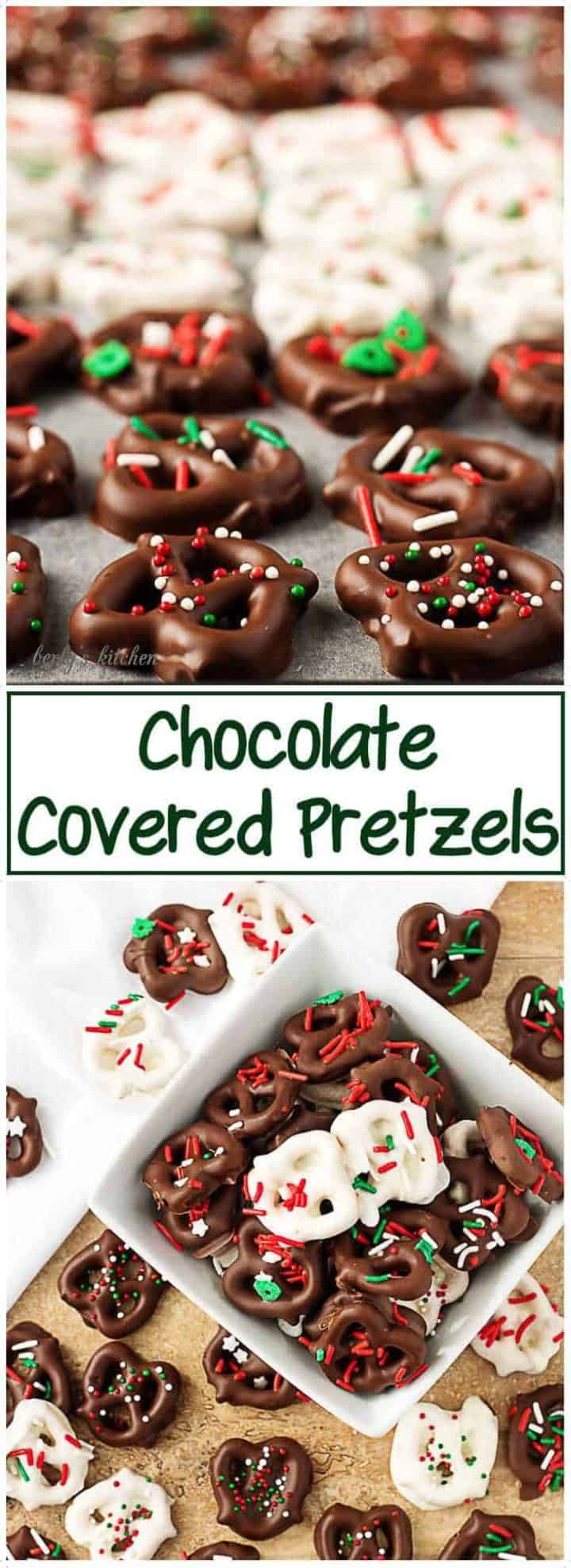 Stacked pictures of the chocolate covered pretzels recipe showing the finished pretzels dipped in chocolate and topped with sprinkles.