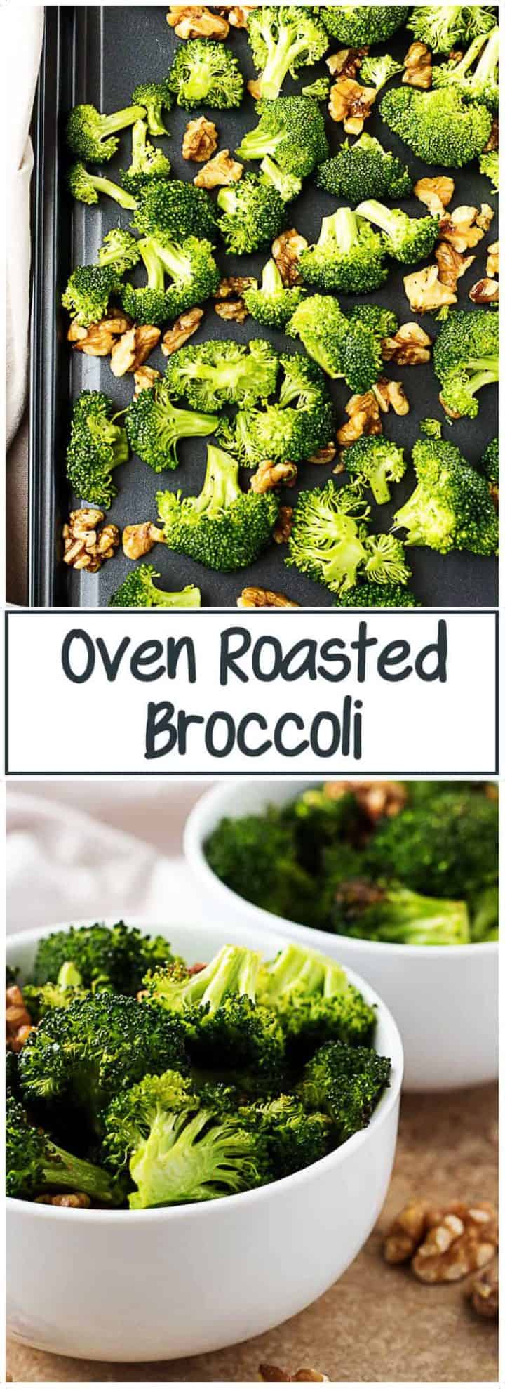 Two pictures of the oven roasted broccoli, one on a sheet, the other in serving bowls.
