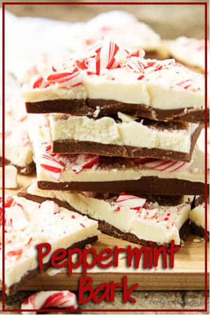 A final picture of the stacked peppermint bark pieces with the recipe name.