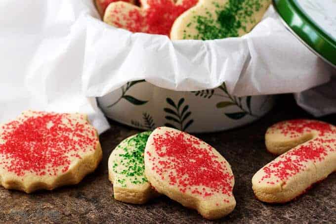 The finished soft sugar cookies, sprinkled with colorful sugar, in a bowl .