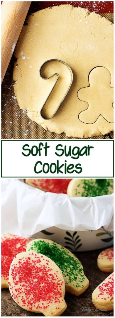 Two photos, one of the rolled dough and cookie cutters, one of the finished soft sugar cookies in a tin.