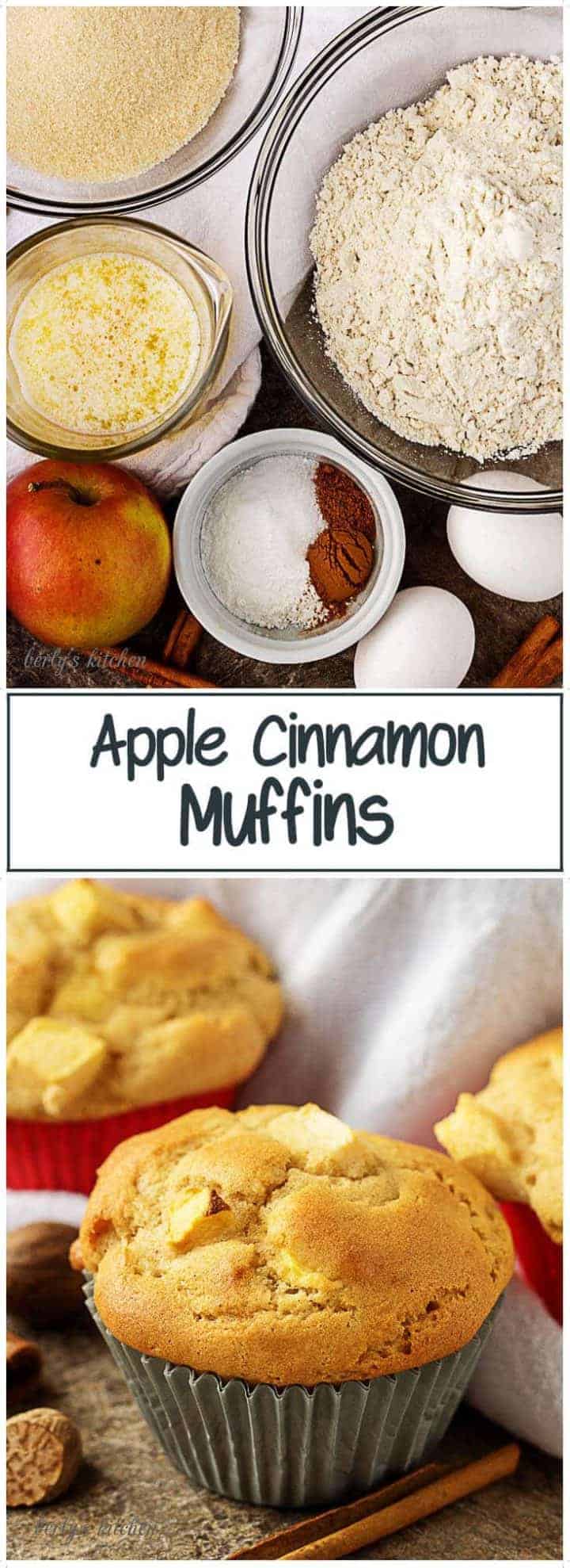 Two stacked pictures, on top is a photo of the ingredients and on bottom is a photo of the finished apple cinnamon muffins.