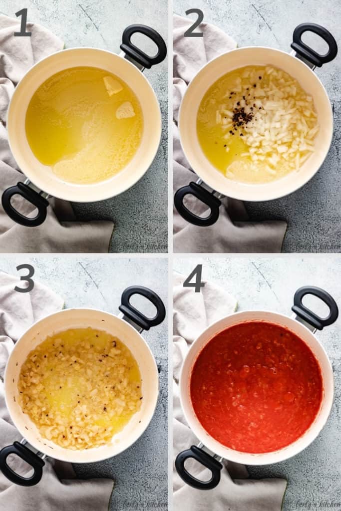 Collage of four photos showing how to make vodka sauce.