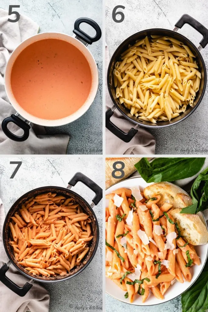 Collage of photos showing how to make penne alla vodka.