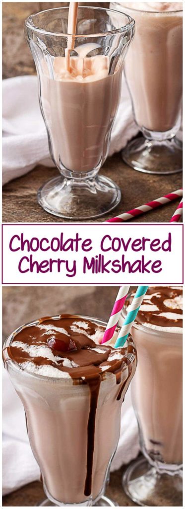 The chocolate covered cherry milkshake recipe, a shot of the finished shakes and a photo of the shake being poured into a glass.