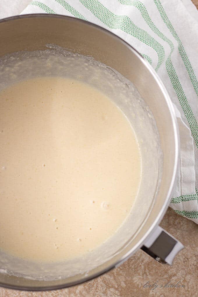 The batter in a mixing bowl ready to be poured into a pan.