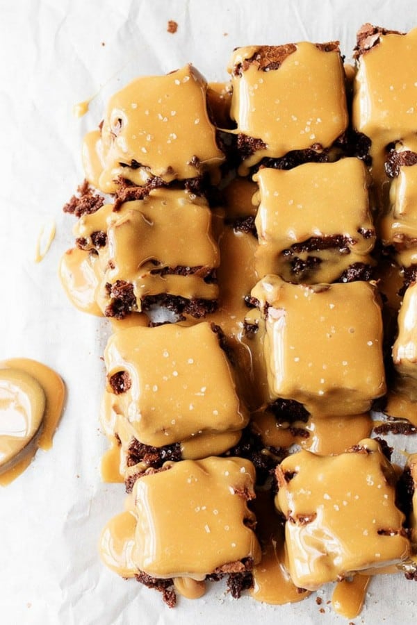 Top down photo of stove top brownies with salted caramel sauce used for Pinterest.