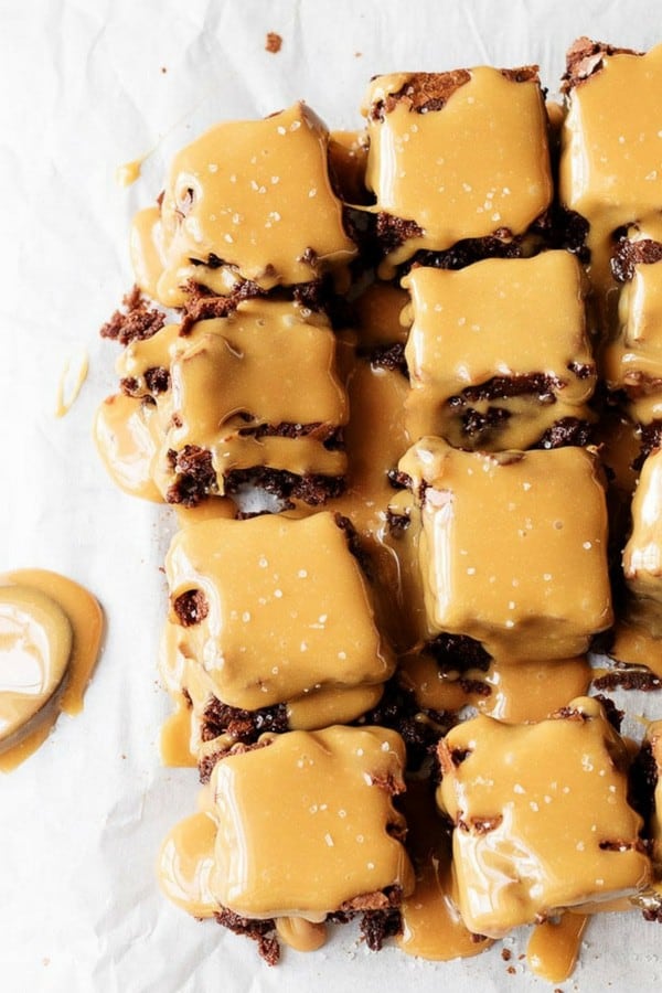 Top down photo of stove top brownies with salted caramel sauce used for pinterest.