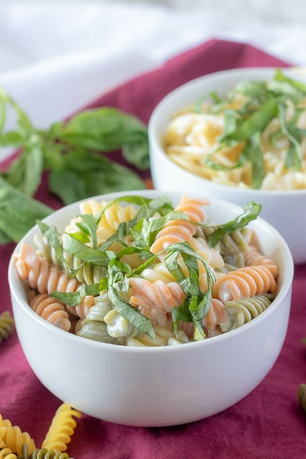 A close-up picture of the finished lemon cream sauce tossed with tricolor pasta served in a white bowl and garnished with fresh basil.
