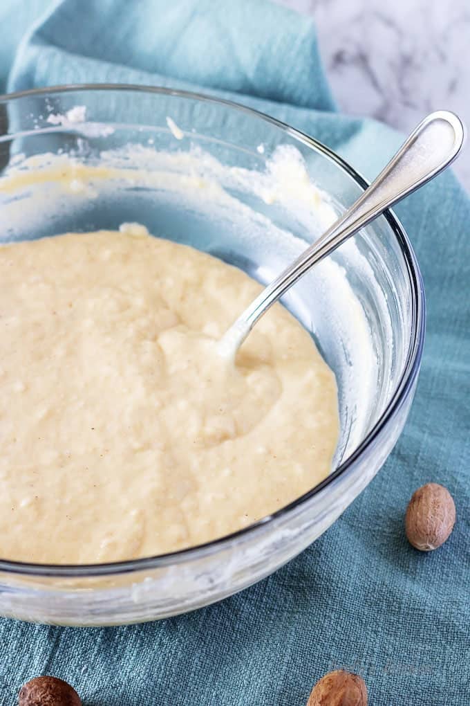 A close-up photo of the ingredients mixed up showing the sticky dough ready to be cooked.