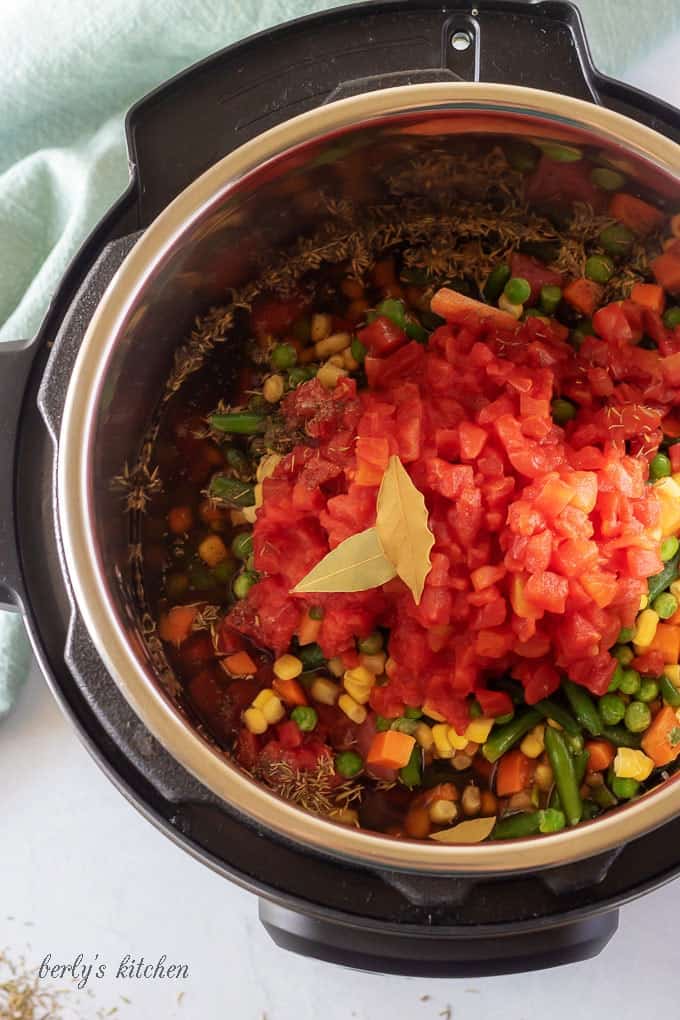 The vegetable beef soup ingredients in the instant pot, prepped for cooking.