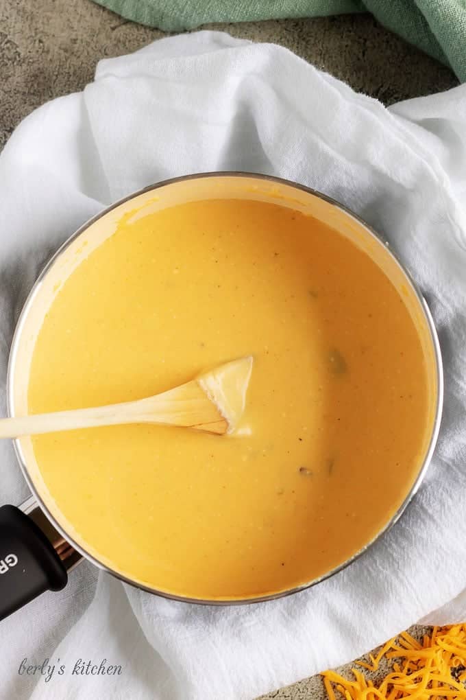 An aerial photo of the finished cheese sauce just before you add it to the noodles.