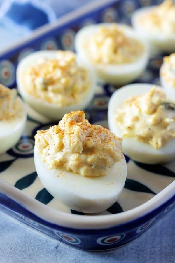 A close-up picture of the finished easy deviled eggs showing all the creamy textures of the filling.