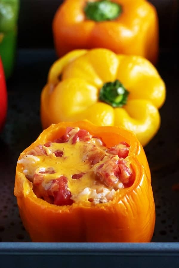 Stuffed peppers covered with cheese and tomatoes used for Pinterest.
