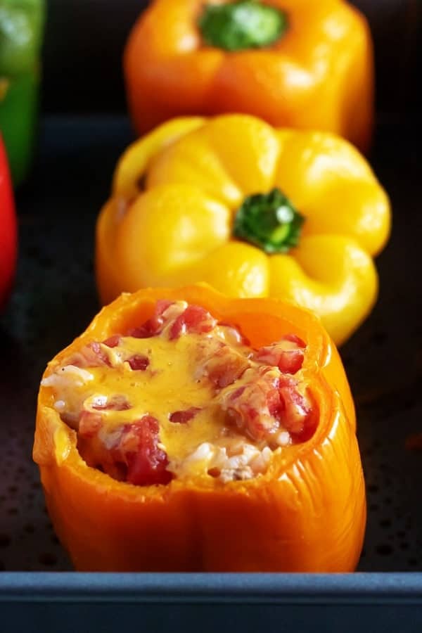 Stuffed peppers covered with cheese and tomatoes used for pinterest.