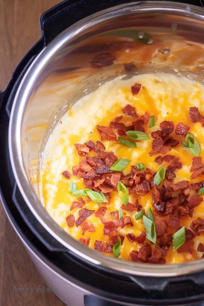 Arial view of loaded mashed potatoes in the instant pot.