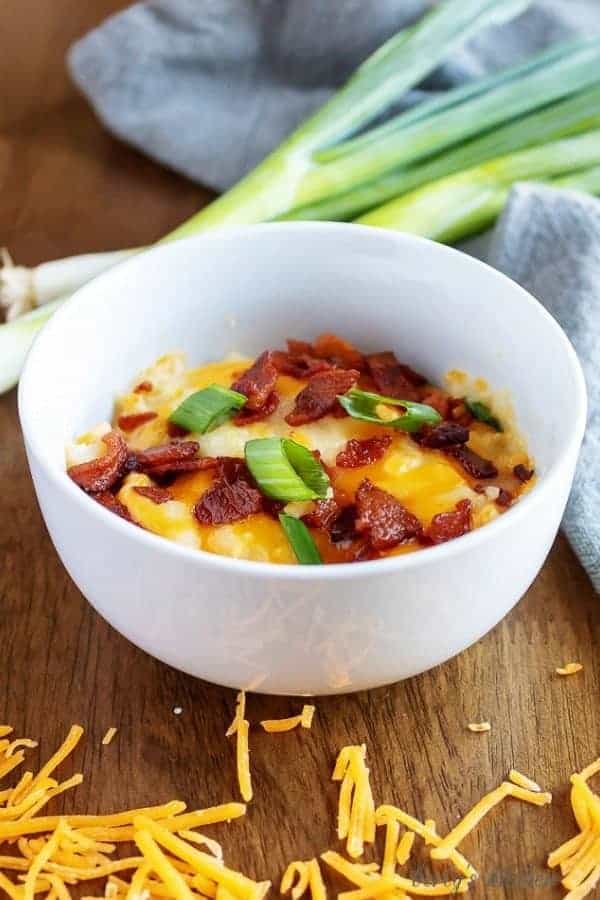 Bowl of loaded mashed potatoes used for pinterest.