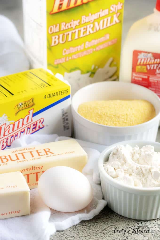 Hiland dairy milk, buttermilk, butter, flour, and cornmeal used for a buttermilk cornbread recipe.