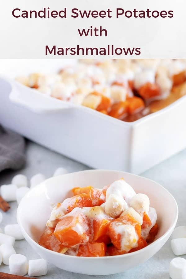The candied sweet potatoes in white baking dish and served in a white bowl.