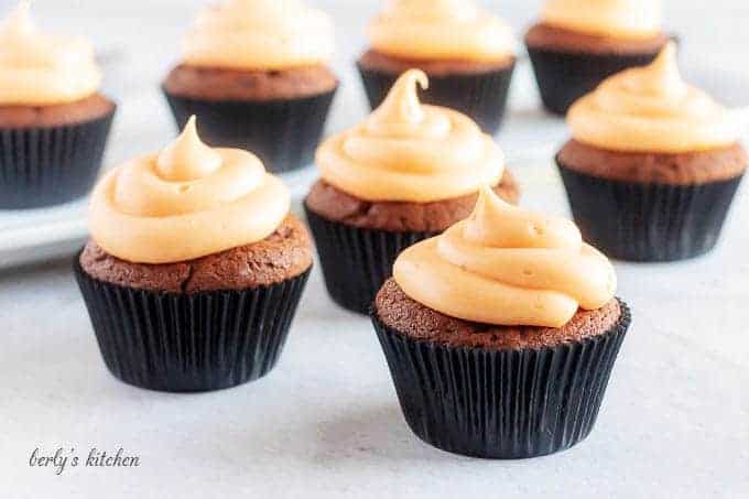 The finished chocolate cupcakes topped with frosting and sitting in black liners.