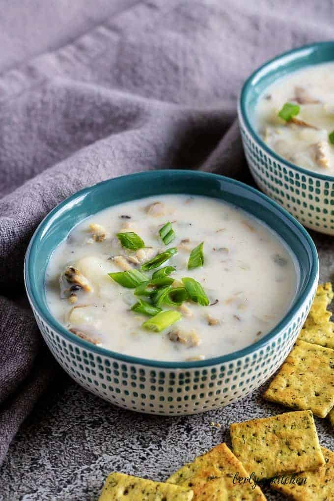 Instant pot clam chowder with crackers.