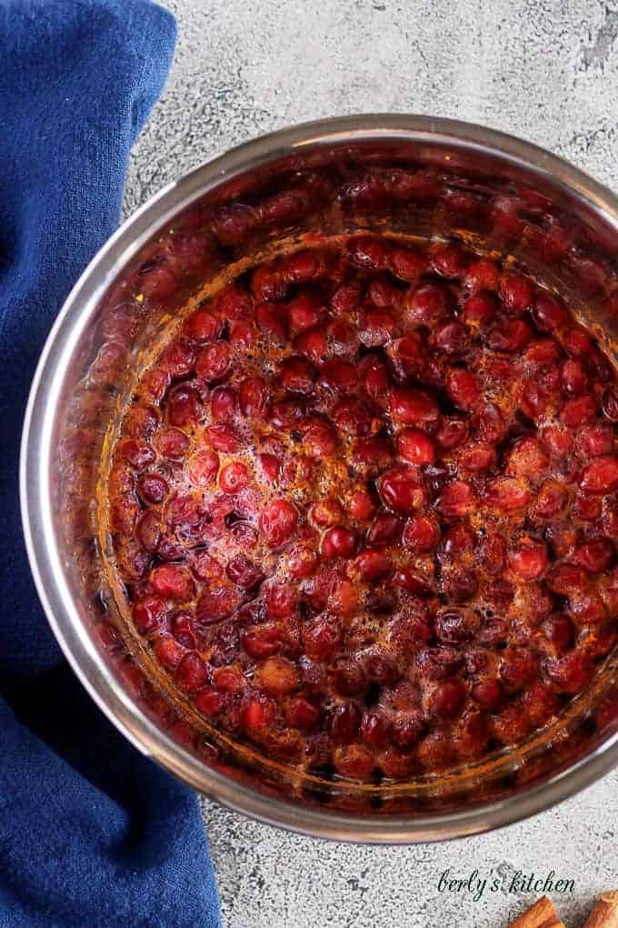 A second aerial photo of instant pot with the cooked cranberry sauce.