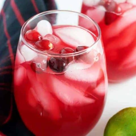 A close-up picture of the drinks surrounded by fresh limes and cranberries.