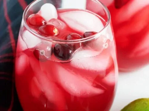 A close-up picture of the drinks surrounded by fresh limes and cranberries.